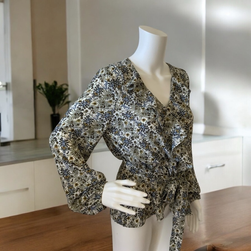 Max Edition Blue & Green Floral Ruffled Blouse With Tie - Picture 5 of 10